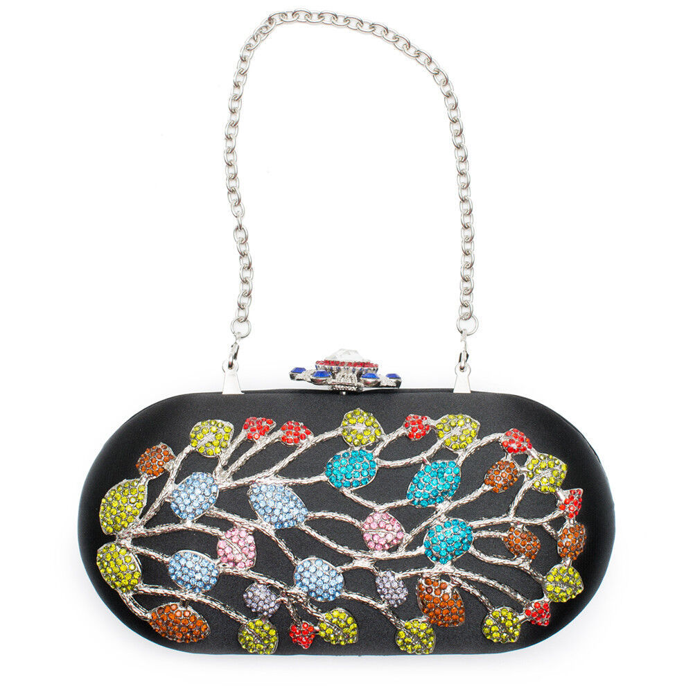 Minaudiere Black Crossbody Floral Bag Handbag Red Blue Crystal Bead Evening New